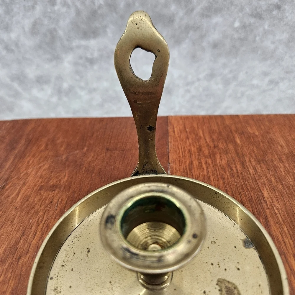 Vintage Brass Candle Stick‎ Holder w/ Flat Handle *Patina